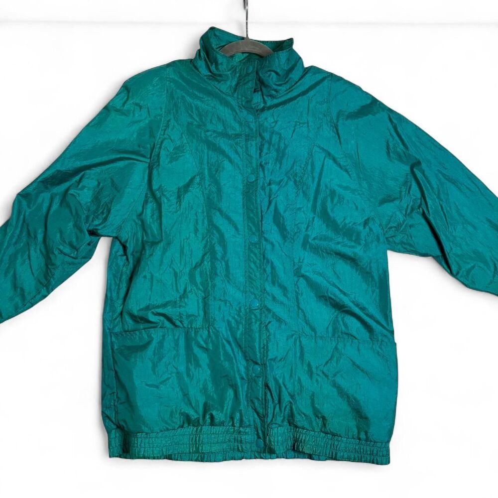 90s Haband Men's Green Blue Crinkle Nylon Vintage Jacket | Men's Medium